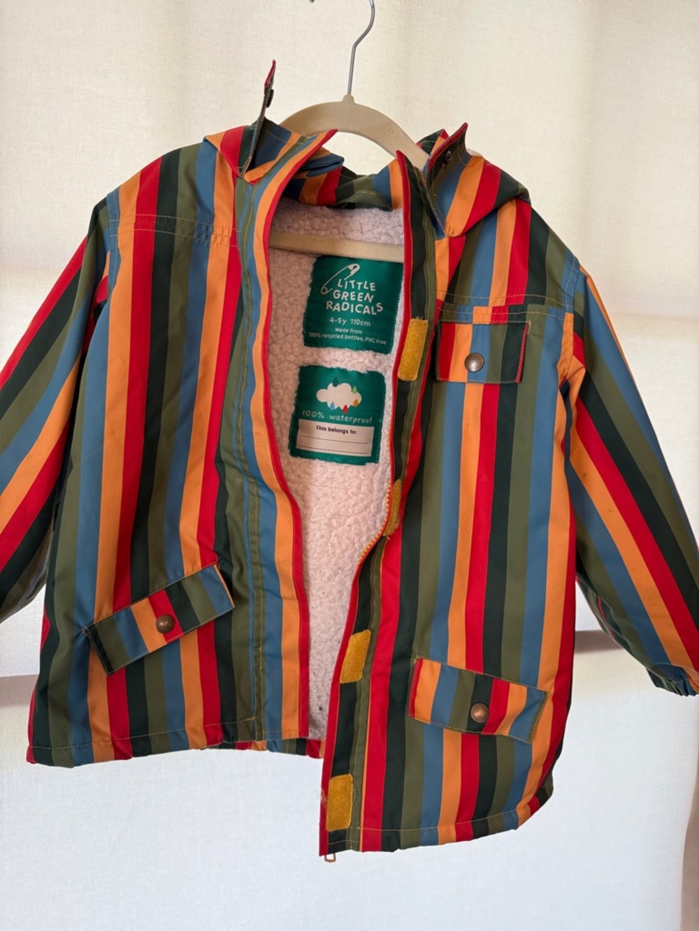 Little Green Radicals Striped Hooded Raincoat - Red, Orange, Yellow, Green, Blue